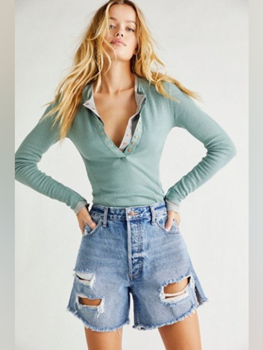 We The Free People TOMBOY Distressed Light Blue Denim Jean Shorts